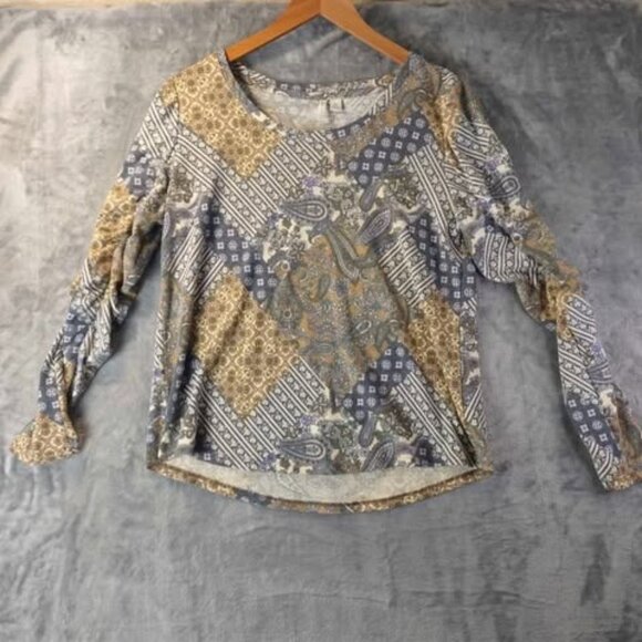 Cato Boho Patchwork Print Gray Green Top Long Sleeve M WeekendStaple Vintage Mix - Picture 1 of 10